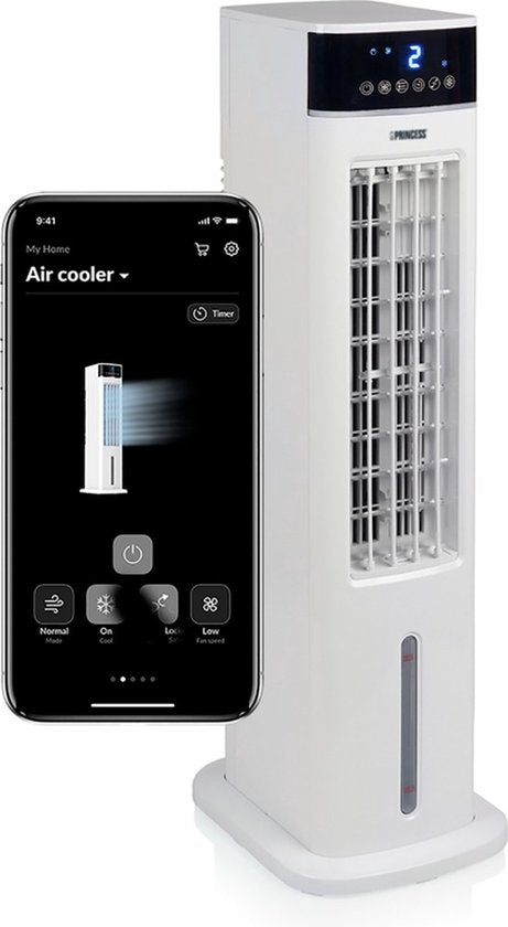 Princess Slimme Aircooler met App & Afstandsbediening – Luchtkoeler Zonder Slang – 3,5L Waterreservoir – Oscillerende Ventilator met Verkoeling – Mobiele Air Cooler voor Slaapkamer, Woonkamer, Kantoor – Wit – Energiezuinig – Timer - 358640