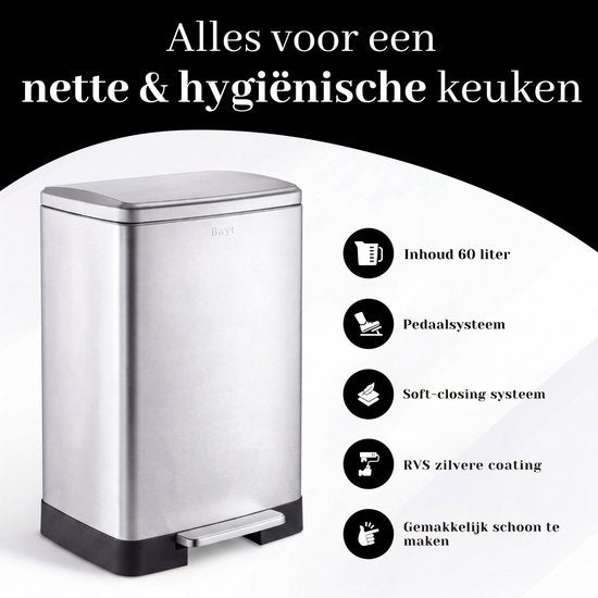 Bayt Prullenbak - Prullenbak 60 Liter - Pedaalemmer 60 liter - Vuilnisbak 60 liter - Afvalbak - RVS - Zilver