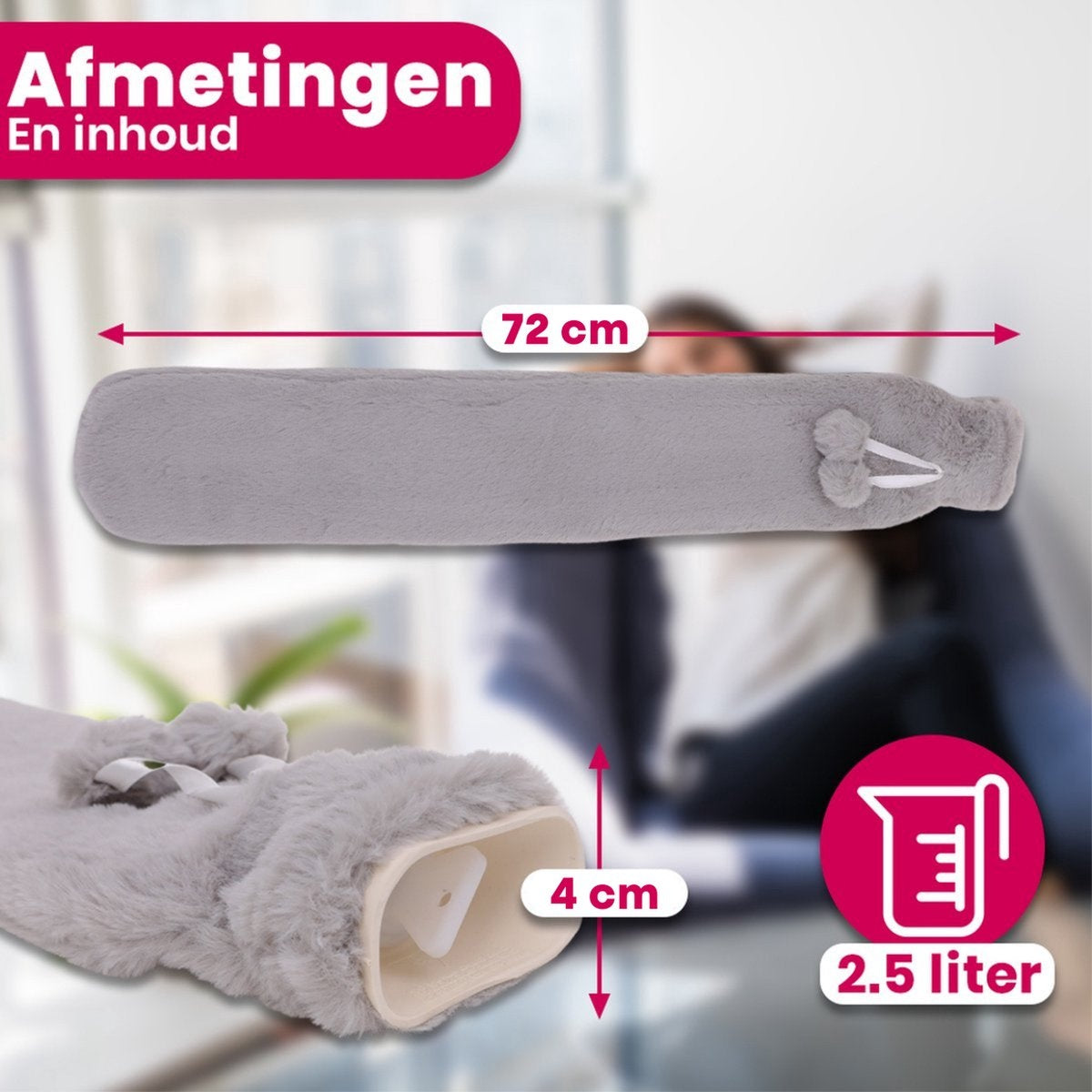 Aerend warmtekussen - Extra Lange kruik met hoes – Warmwaterkruik met Fleece Hoes – 2,5 Liter – Verlicht Nek, Schouder & Buikpijn – Grijs