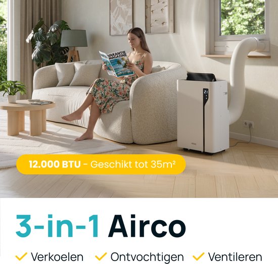 MOA Mobiele Airco - 12.000 BTU - Met Afstandbediening - Tot 35m² - Airconditioner met Ontvochtigingsfunctie - Raamafdichtingskit - Wit