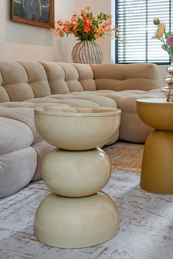 Mica Decorations Luna Salontafel - Nachtkastje Rond met Metalen Frame - Bijzettafel voor Woonkamer of Slaapkamer - Rond Tafeltje met Plantenhouder - H46 x Ø32 cm - Beige