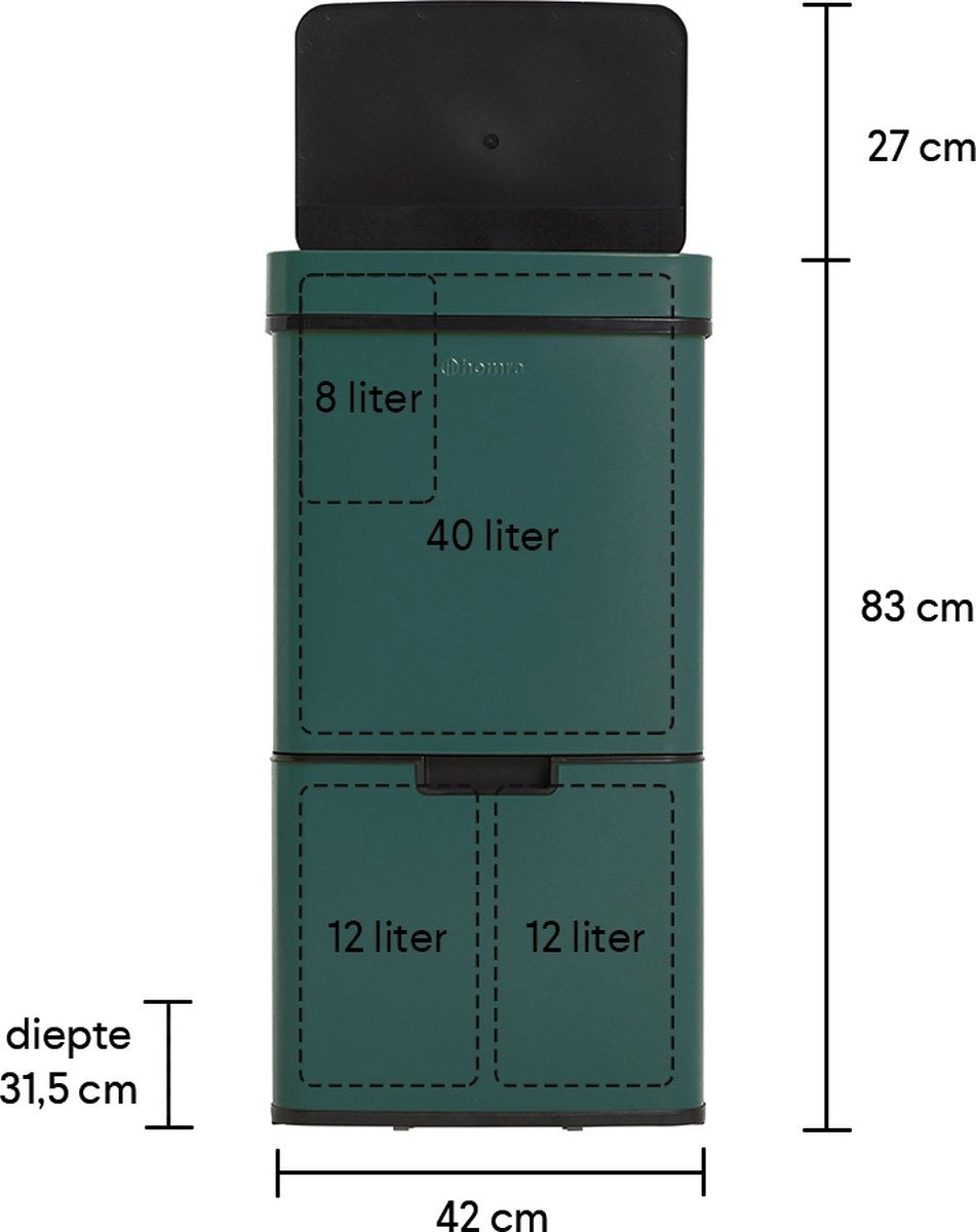 Homra NEXO Prullenbak Afvalscheiding 3 vakken - 72 Liter (2x12 + 48 L) met infrarood Sensor - Design Trio Afvalemmer RVS - Groen - Afvalscheidingsprullenbak - Keuken Afvalemmer - Petrol Groene Recycle Afvalbak - Hygiënisch - Kantoor - Elektrisch