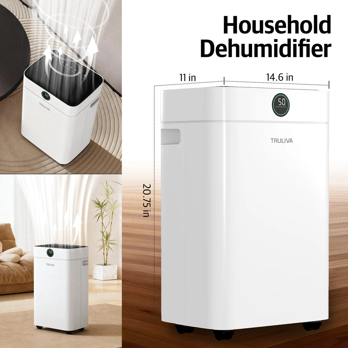 Truliva Luchtontvochtiger 25 L/dag - Wasdroogfunctie - Auto Defrost - R290 - 2,8 L Watertank - 32 x 28 x 52,7 cm