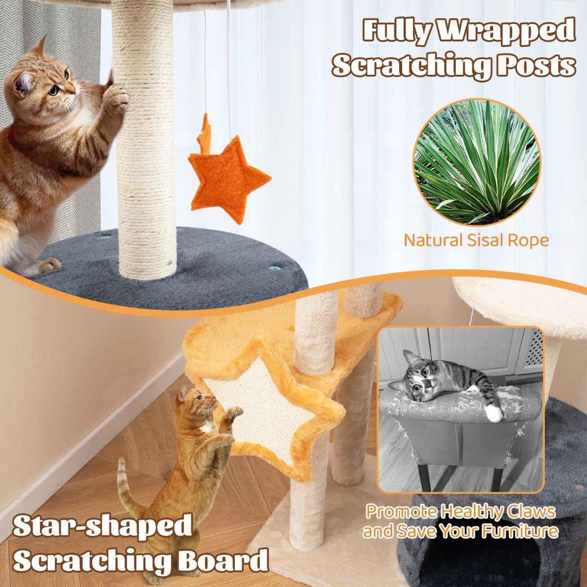 Coast Kattenboom - 128 cm - Meerdere verdiepingen - Sisal krabpalen - Beige en grijs