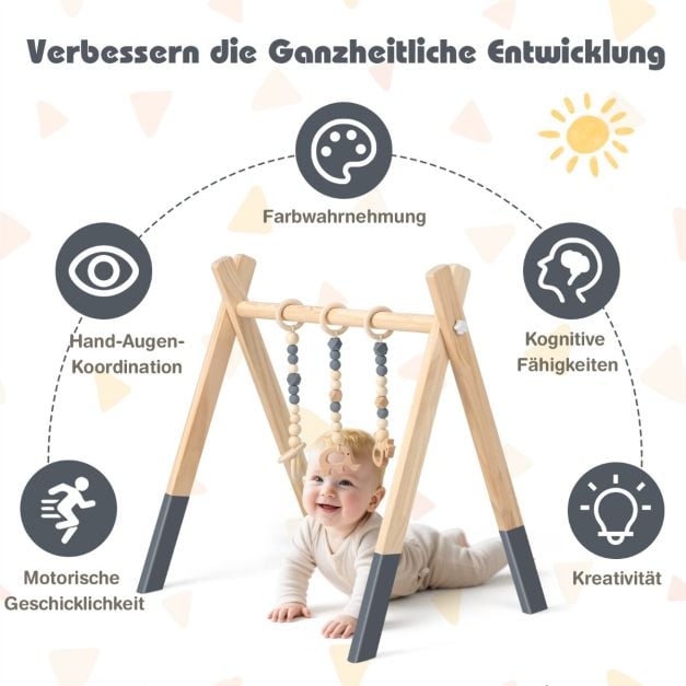 Coast Houten Babygym – 3 Hangspeeltjes – 60 x 44 x 60 cm – Groen, Grijs en Roze
