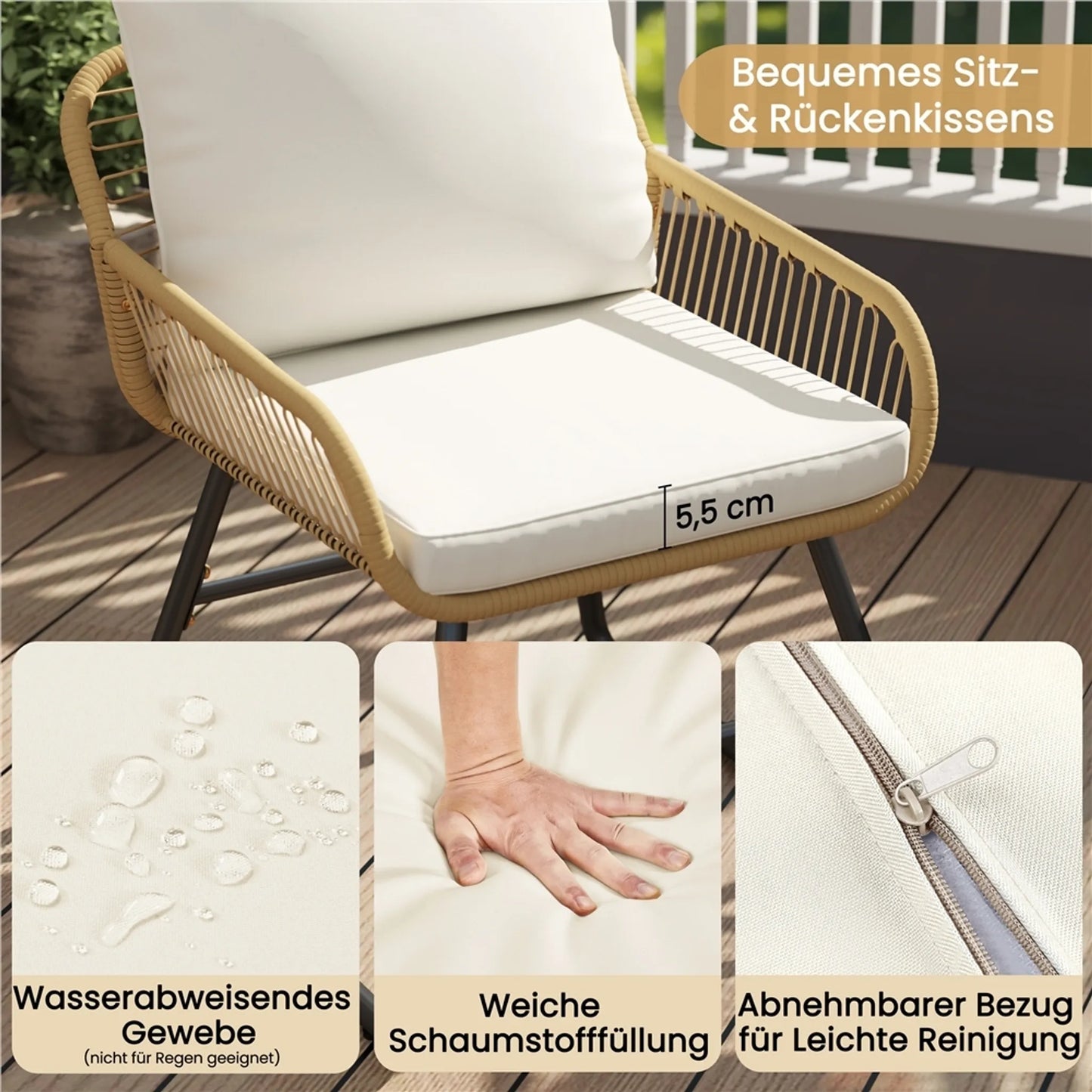 Yaheetech Bistroset Tuinset 3-Delig – 61 x 65 x 76 cm – Voorzien Van Handgeweven PE-Rattan En Glazen Tafelblad En Inclusief Zit- En Sierkussens – Voor Balkon En Terras – Lichtbruin En Metaal