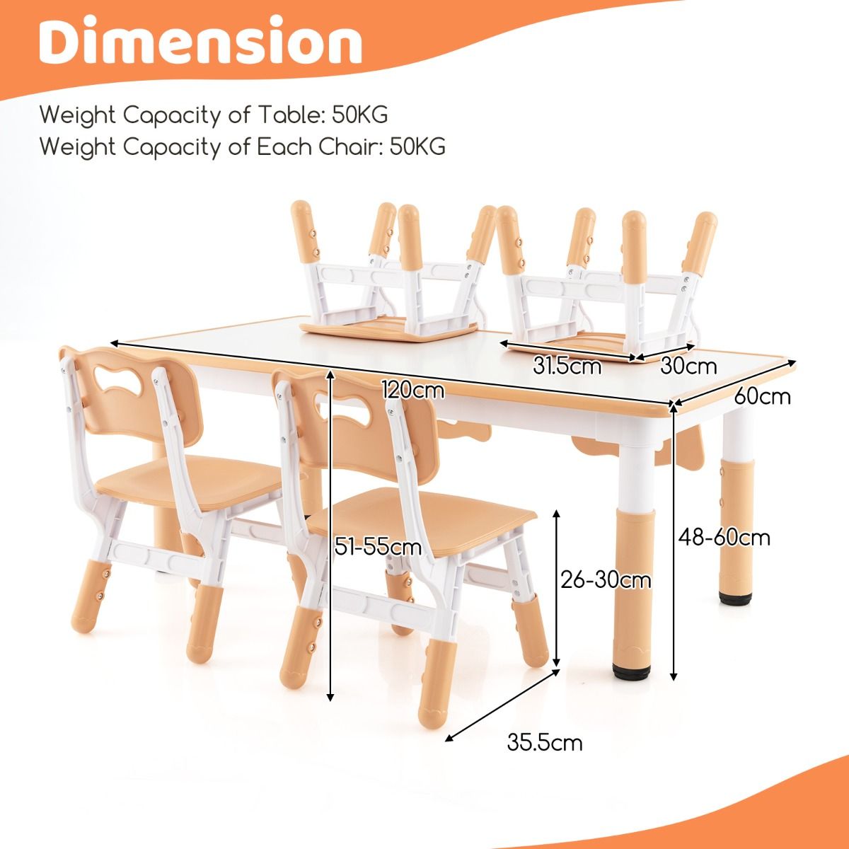 Coast Kindertafel en 4 Stoelen Set - In hoogte verstelbaar - Graffiti blad - 120 x 60 cm - Groen