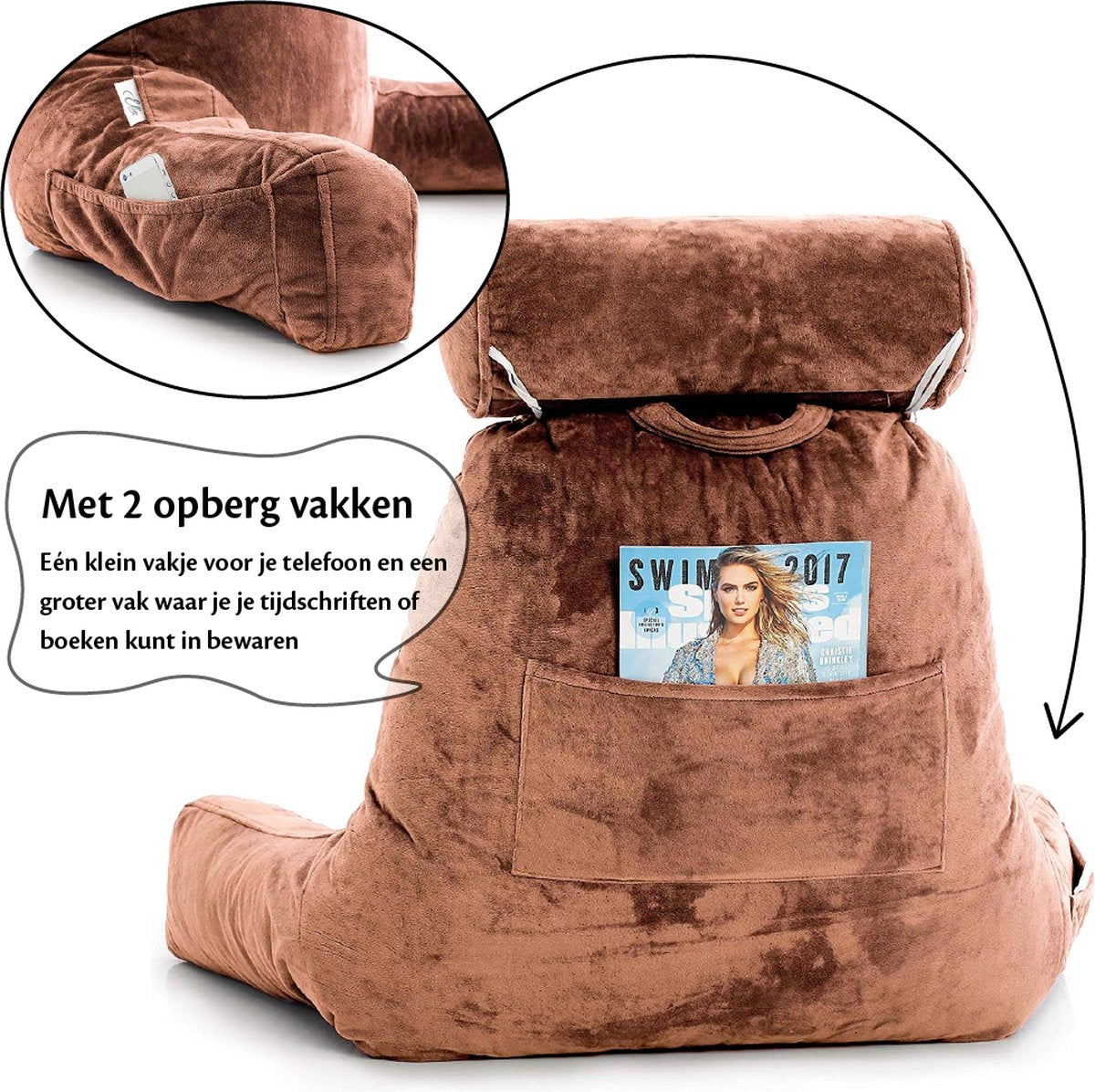 EL-Life Leeskussen met Nekrol - Relax Kussen - Zitkussen - Onderrug Ondersteuning - Fluweel Bruin