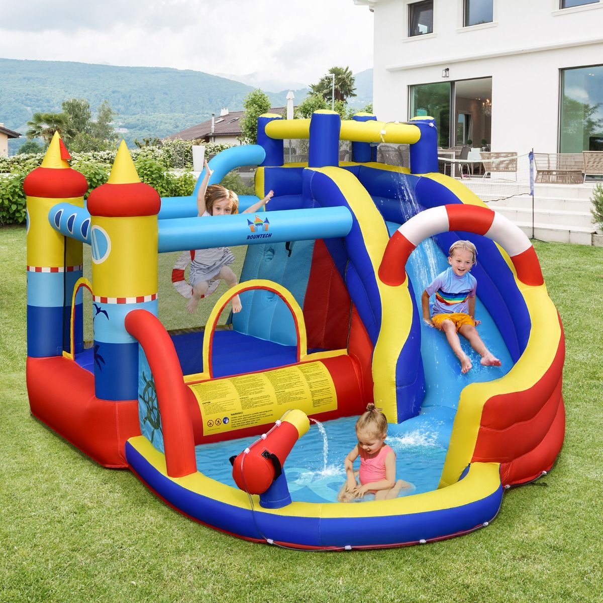 Coast Opblaasbaar Speelkasteel Piratenschip - 5-in-1 Waterpark met Glijbaan en Klimwand - Inclusief Waterpistool en Ventilator - 360 x 290 x 200 cm