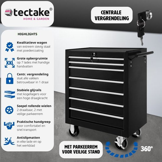 tectake® - Gereedschapswagen met 7 lades - zwart - 402800