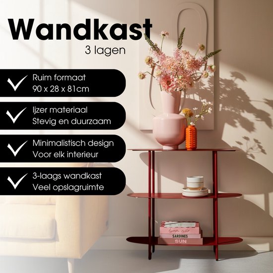 Mica Decorations Wandrek – Opbergrek en Metalen Wandrek voor Decoratie Woonkamer – Geschikt voor Planten en Accessoires – Stevig Rek van IJzer – 90 x 28 x 81 cm – Rood