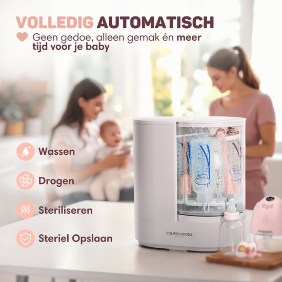 Vulpes Goods® Babycare - Babyfleswasser Pro - Sterilisator & Droger - 360° Turbo-jets - Glazen Design - BPA-vrij - Ook voor borstkolfonderdelen