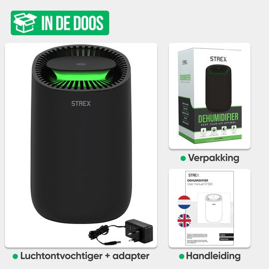 Strex Luchtontvochtiger - Compact en Stil - Mini Luchtontvochter - 600ml/dag - Zwart