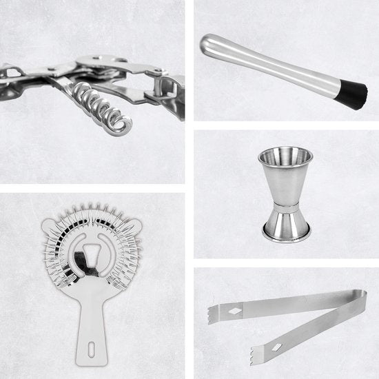 KitchenBrothers Cocktail Set met Cocktailshaker - 11 Delig - Complete Set - Cadeauverpakking - Natuurlijkhout