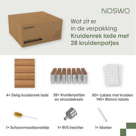 Noswo Kruidenrek Lade met 28 Potjes - Complete Set - Vierkant - Strooideksel en Labels - Kruiden Organizer - Keukenlade Organiser - Acacia