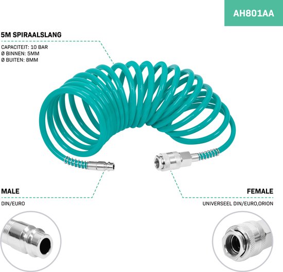 VONROC Spiraalslang 5m - Luchtslang voor compressor - Universele koppelingen - DIN/EURO Ma-le – DIN/EURO/ORION Female - 10 bar