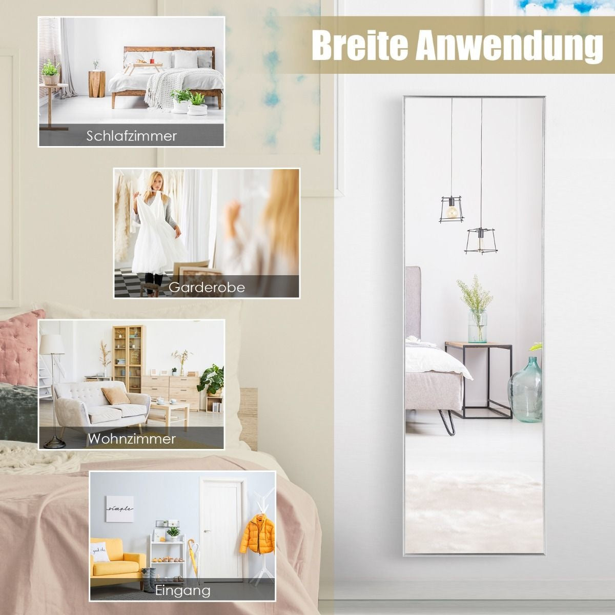 Coast 37 x 120 cm Volledig lichaamsniveau met hoogte -verstelbare hanghaken wandspiegel zilver