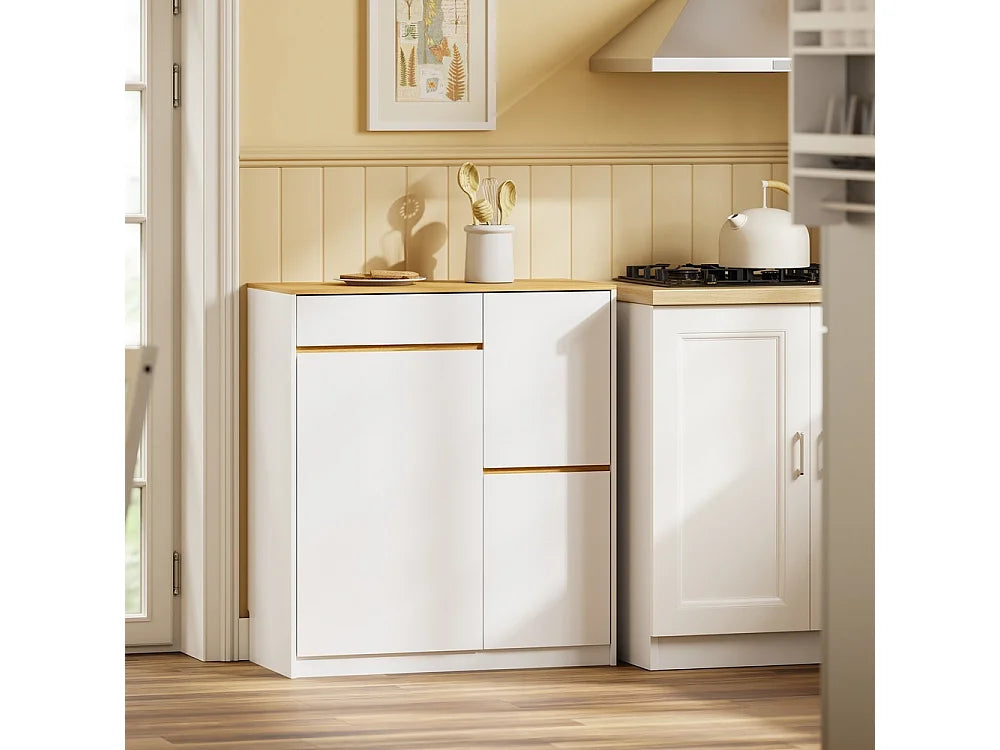 SoBuy Vrijstaande Keukenkast met Afvalscheiding – 2 x 12L – 3 Laden – 80 x 38 x 90 cm – Wit/Licht Eiken