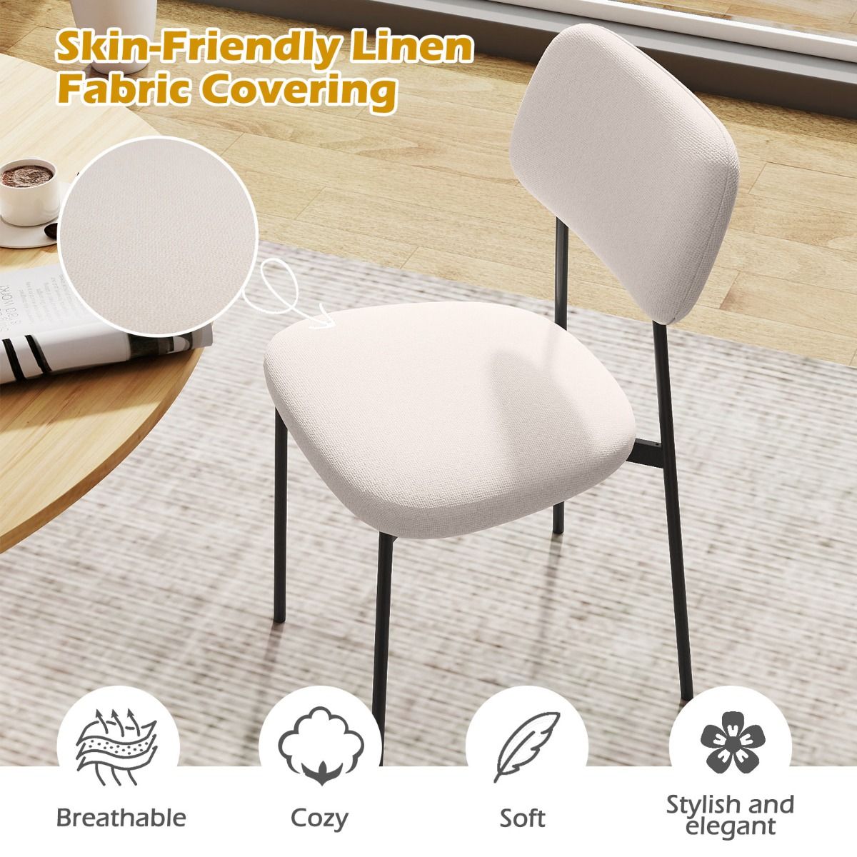 Coast Eetkamerstoelen set van 4 - linnen bekleding - metalen poten - beige en zwart