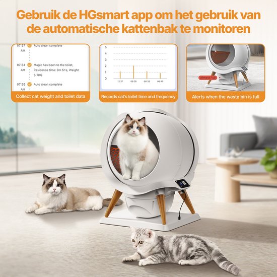 HoneyGuardian Automatische Kattenbak XXL - Zelfreinigende Kattenbak - Electrische kattenbakken - Waterbestendig & Wasbaar - met App - Incl. kattenbakmat en 40 opvangzakjes
