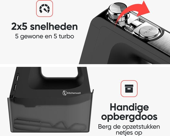 Kitchenwell Handmixer - 10 Snelheden met Turbofunctie - Puls functie - Deeghaken & Kloppers - Opberghouder - exclusief garde
