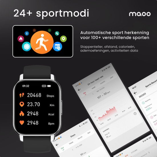 Maoo Amplify 2 Smartwatch – Bluetooth Belfunctie – WhatsApp Notificaties – Hartslag & Slaaptracker – Zwart – Android & iOS
