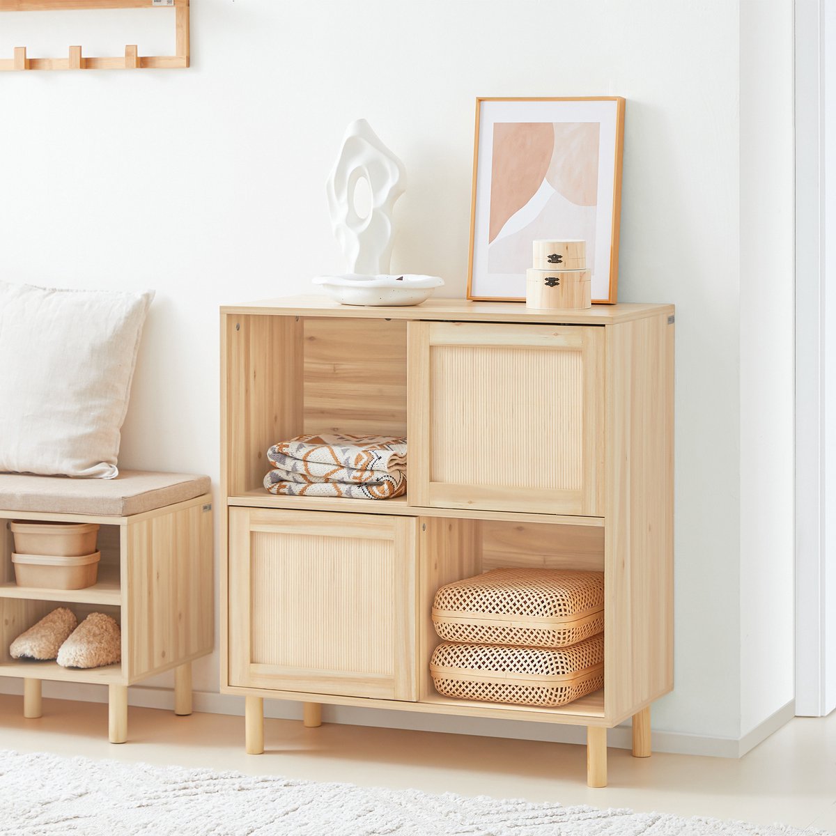 SoBuy Dressoir / Buffetkast met 2 Schuifdeuren en Wieltjes – Houten Opberger – 80×35×87 cm – Naturel
