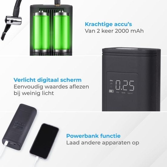 Nuvance - Compressor Bandenpomp - 4000mAH - Elektrische Fietspomp - Luchtcompressor voor Auto, Scooter, Fiets, Bal en Luchtbed - Inclusief opzetstukken - Zaklamp - PRO