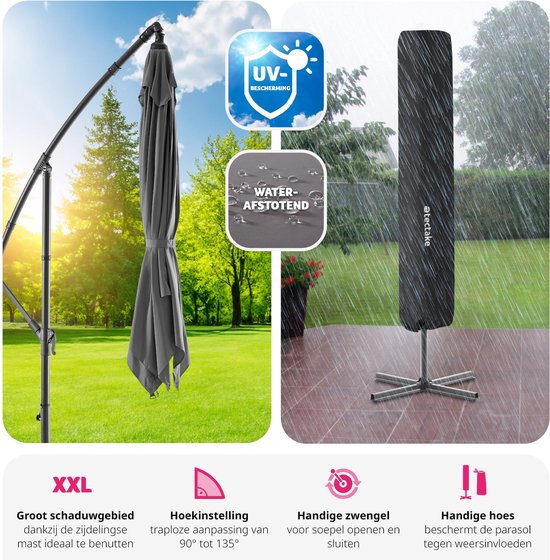 tectake® - Parasol Apollon vierkant 250 x 250 cm - Incl. windbeveiliging en beschermhoes - grijs