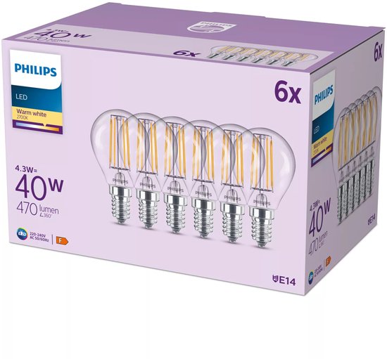 Philips LED lamp transparant - 40W - E14 fitting - Warmwit licht; 2700K - 6-pack