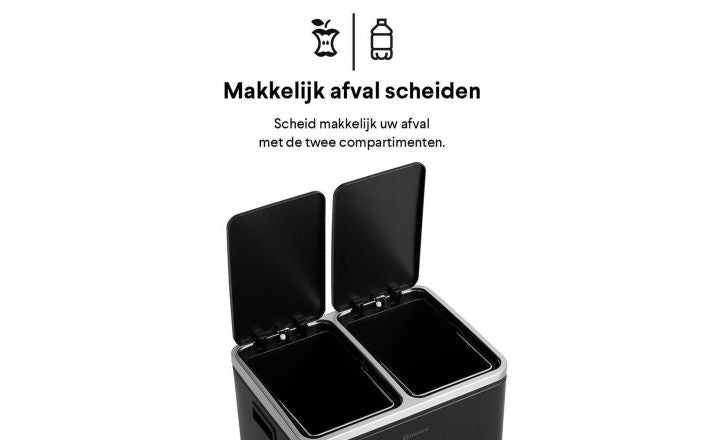 Homra BLINQ Prullenbak 30 Liter - 2x15 L inhoud - Duo Pedaalemmer - RVS -  Zwart - 47x41x35 cm