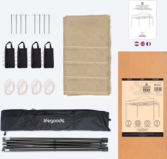 LifeGoods Partytent - Paviljoen - 3x4.5 m - Easy Up - Opvouwbaar - Waterdicht - Draagtas met Wieltjes - Beige