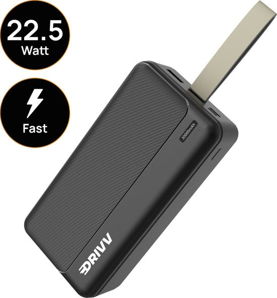 Drivv. Powerbank 30.000 mAh - 22,5W snellader - USB 3.0 - USB-C - Micro USB - Zwart