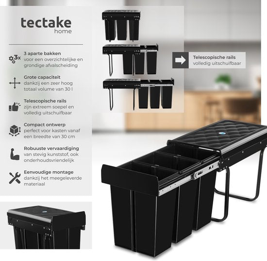 tectake® Afvalverzamelaar - Inbouw vuilnisbak - Meervoudige afvalscheiding - Efficiënte opruimoplossing voor keuken en kantoor - Driedubbele prullenbak met telescooprails - 3x 10L