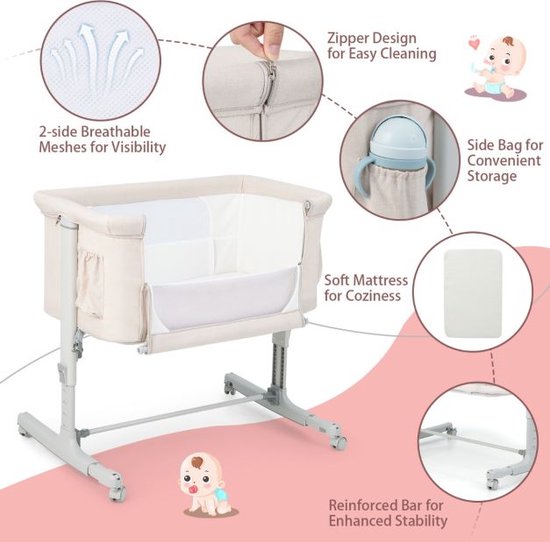 3-in-1 Baby Wiegje met 5-Standen Verstelbare Hoogte 10° Kanteling Draagbaar Wiegje voor Baby & Kind Beige/Grijs/Lichtgrijs