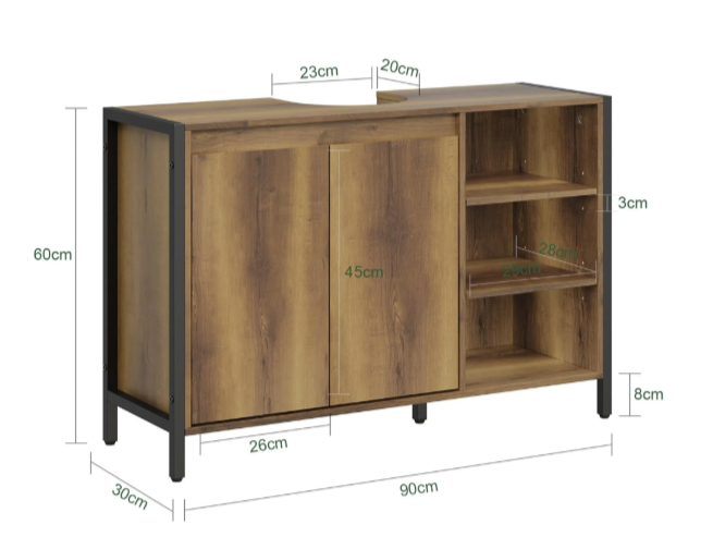 SoBuy Wastafelonderkast 90 x 30 x 60 cm - Bruin/Zwart - 2 Deuren - 3 Schappen