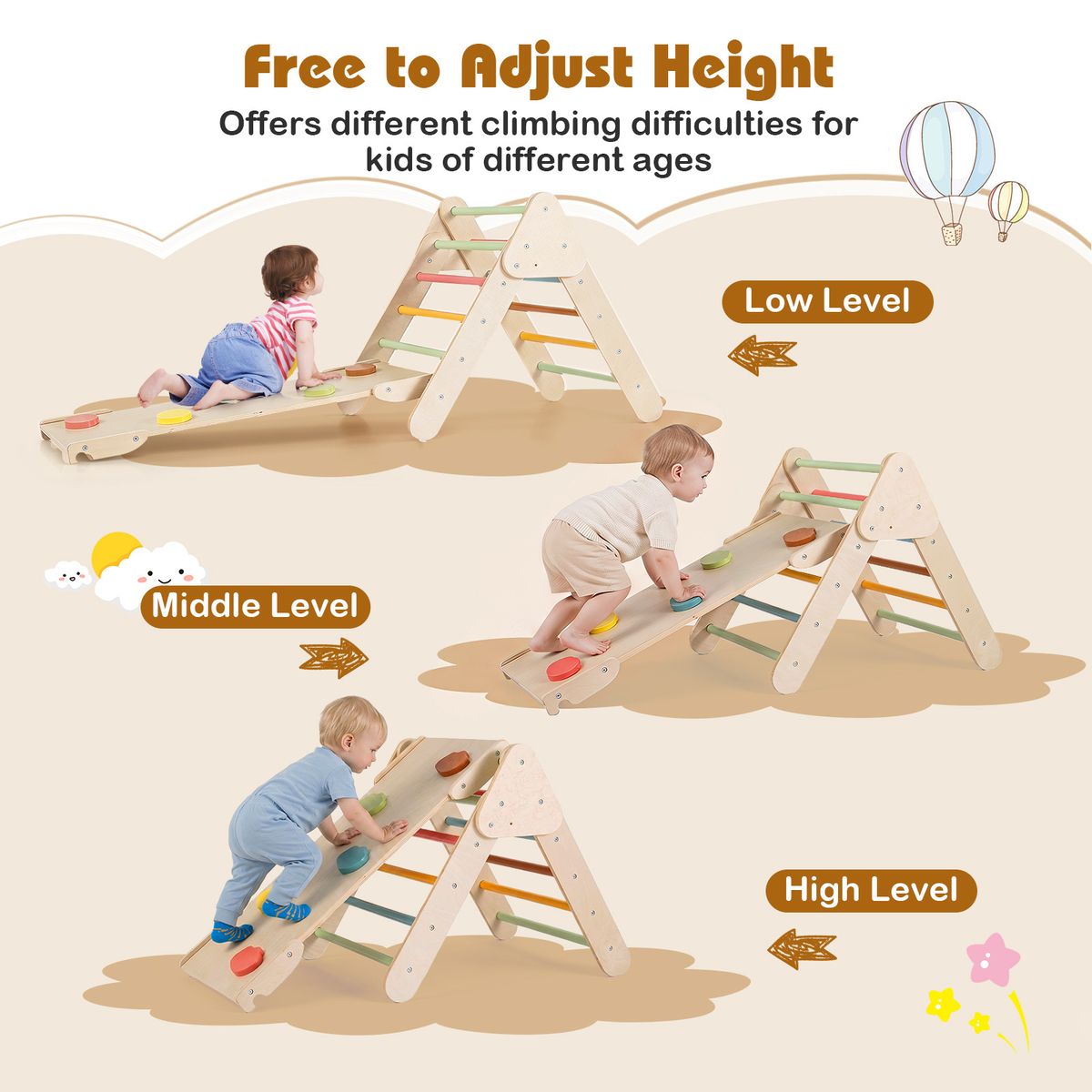 Coast Montessori klimset van hout - 3-in-1 speelset met klimdriehoek, klimboog en helling - kleurrijk