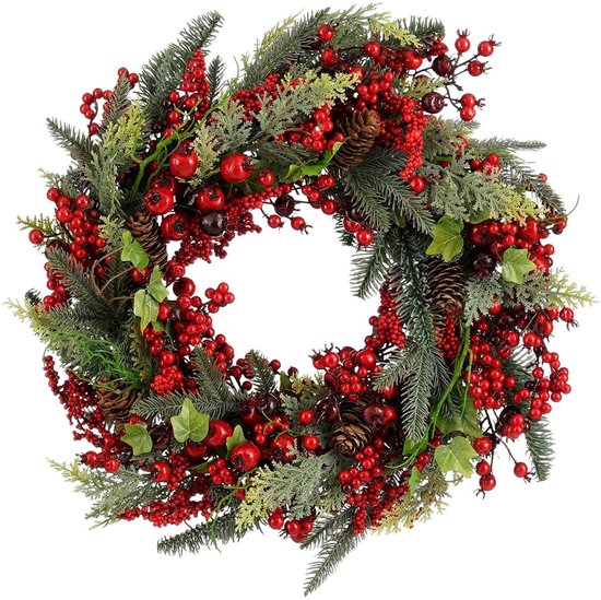 Mica Decorations Norah Kerstkrans met Dennenappels - Kerstversiering met Traditionele Look - Deurkrans voor in de Hal of bij de Voordeur - H13 x Ø50 cm - Rood en Groen