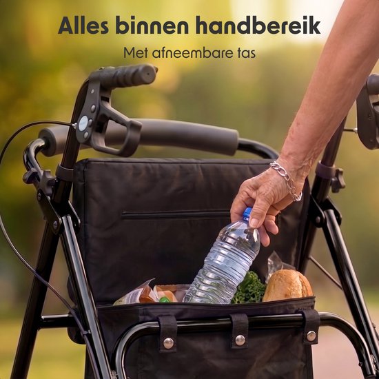 LifeGoods Basic Rollator Lichtgewicht en Opvouwbaar (8,7KG) - Met Zitje en Rugsteun – Voor Binnen en Buiten – Verstelbare Hoogte - Tot 136KG Draagkracht – Zwart