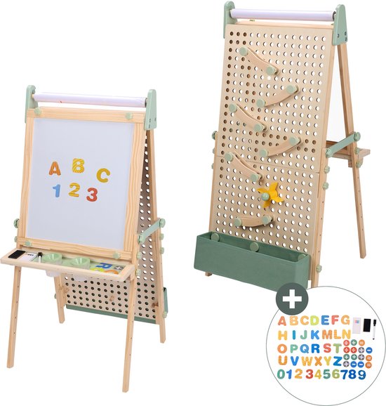 Sunny Mika Activiteiten Ezel – Houten Kinder Ezeltje – Speelezel met Whiteboard, Krijtbord, Magnetisch Bord & Pegboard – Inclusief Papierrol, Magneten, Krijtjes, Eraser, Pegboard Accessoires en meer – Educatief Speelgoed