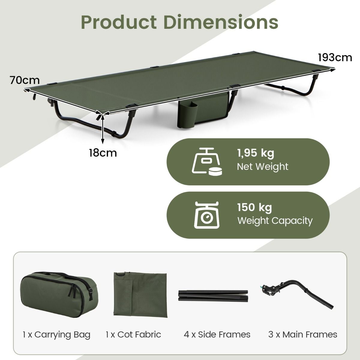Coast Opvouwbaar Campingbed - ultralicht - met zijvak en kussencompartiment - groen