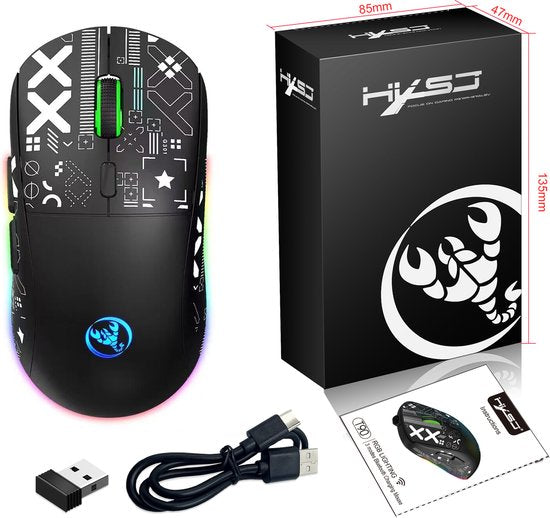 HXSJ T90 2.4G Stille Draadloze Gaming Muis - Bluetooth - Computermuizen - Ultra licht - RGB Verlichting - Zwart