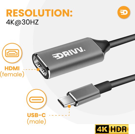 Drivv. USB C naar HDMI Adapter - Ondersteunt 4K 30Hz - Converter - Type C naar HDMI - Thunderbolt 3 - Grijs