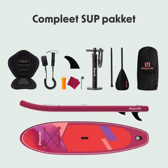 LifeGoods SUP Board Allround Compact - met Zitje - 100 KG Draagkracht - 300 x 76 cm - Opblaasbaar - Compleet SUP pakket - Rood/Lila