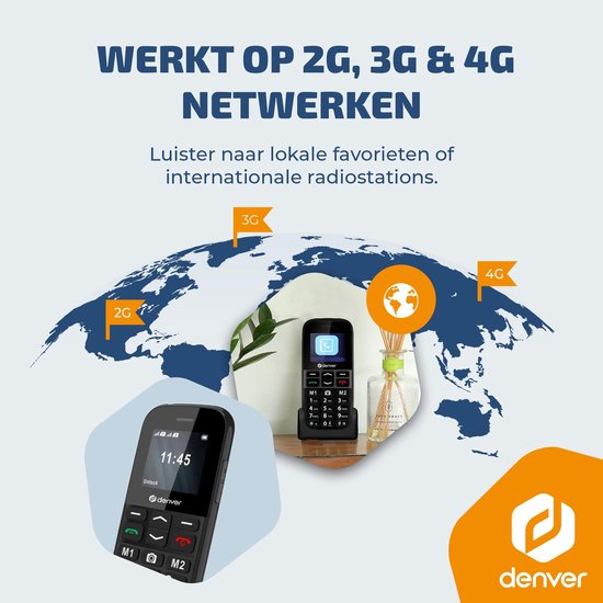 Denver Senioren Mobiele Telefoon 4G - Grote Toetsen - SOS knop - Smartphonevrij opgroeien - Oplaadstation - GSM - Bluetooth - FM Radio - Volledig NL en FR - Model 2026 - BAS18800L