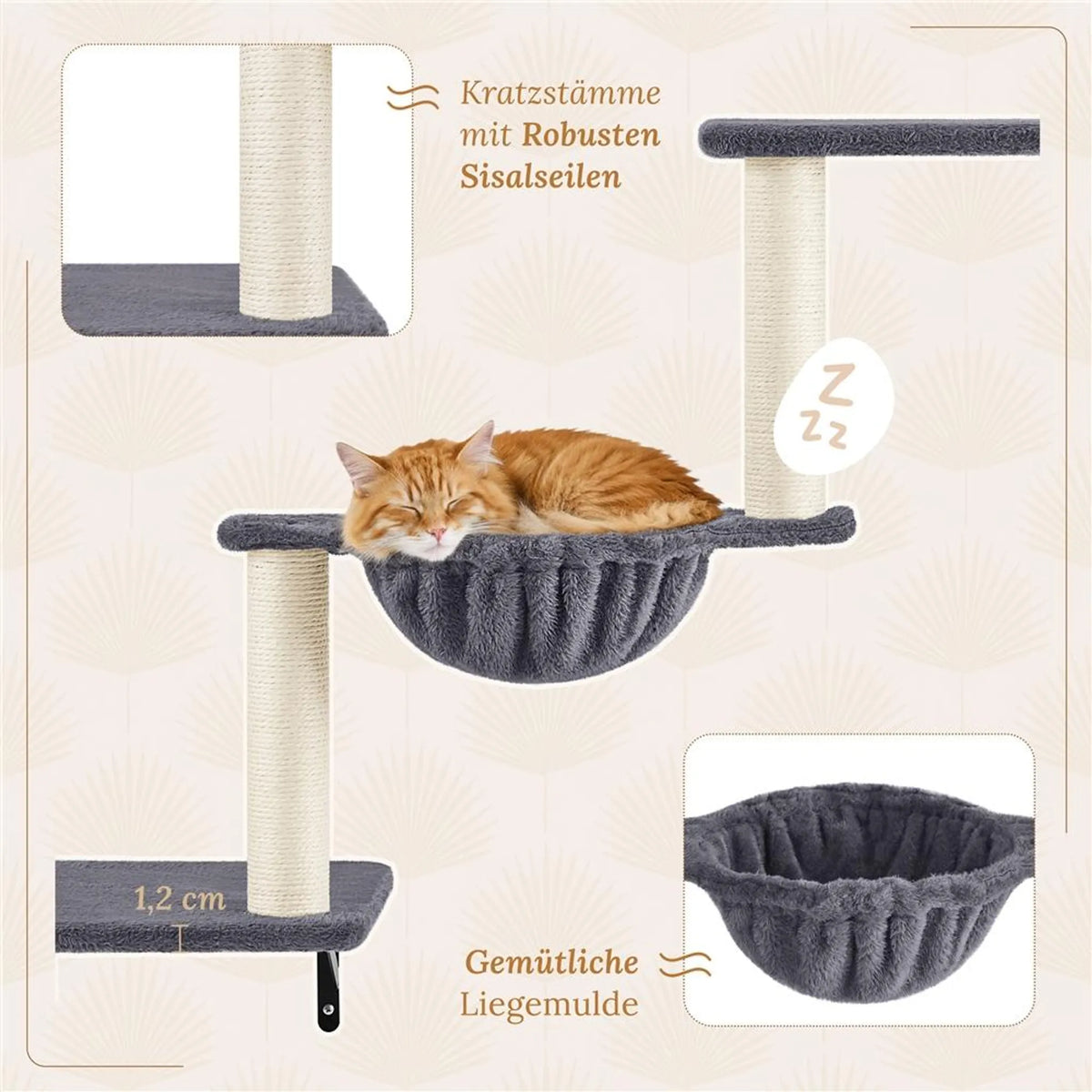 Yaheetech Kattenmeubels Voor Wandmontage Set – 49 x 30 x 40 cm – Voorzien Van Kattenhol En Ligmand En Sisal Krabpalen En Meerdere Platforms – Voor 1-5 Katten – Donkergrijs Pluche En Metaal