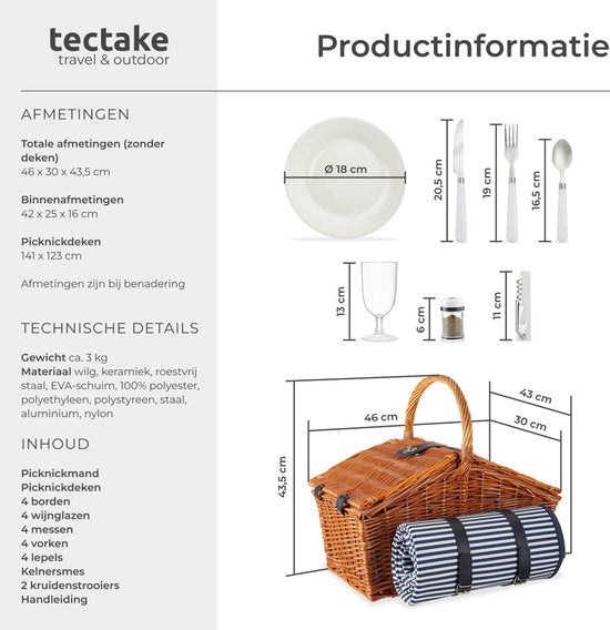 tectake® complete Picknickmand Set Vlieland - Luxe 23-delige Picknick set voor 4 personen - Rieten Picknick Mand met Picknickkleed - Inclusief Koelvak, Set met Borden, Kunststof Wijnglazen en Roestvrijstalen Bestek