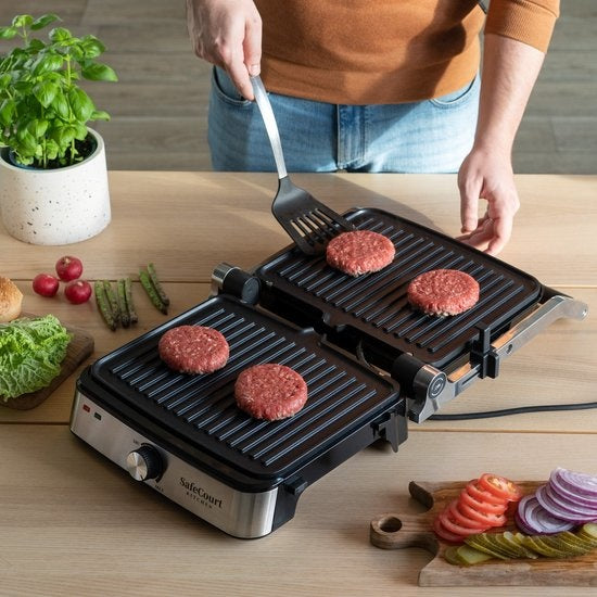 Safecourt Kitchen Contactgrill - CG200 - Compact - Uitneembare Platen - PFAS-vrij - Zilver
