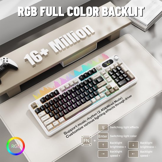 ATTACK SHARK X98 - Draadloze Mechanisch Gaming Toetsenbord - TFT Scherm - Multifunctionele Draaiknop - PBT Keycaps - Wired/2.4G/Bluetooth Tri-Mode - Gasket Mod - 98keys - Cheese White