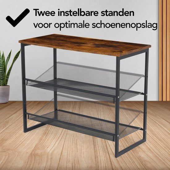Brixy Schoenenrek - Industrieel - Hout - Metaal - 64x30x52cm - Vintage - Schoenenkast - Bruin/Zwart